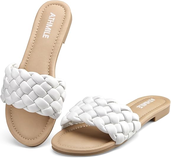 ATHMILE Braided Womens Sandals Round Open Toe Fashion Slide Sandals Women Dressy Summer Flat Beach Size 6-11