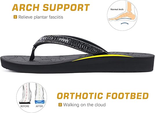 ONCAI Women's Flip Flops with Rhinestone, Arch Support Yoga Mat Comfort Walking Summer Beach Thong Sandals with Plantar Fasciitis Rubber Soles US Size 5-11
