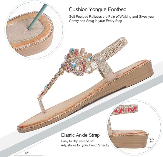 iCKER Women Rhinestone Sandals T-Strap Buckle Bohemian Pearl Crystal Flat Sandals