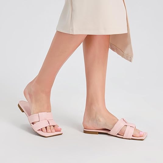 Women's Sandals Fashion Flat Sandals Comfortable Leather Square Open Toe Summer Slide Sandals Size 6-11