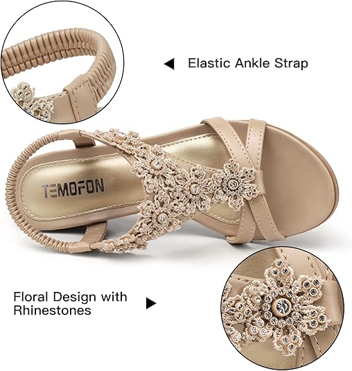 TEMOFON Women's Low Wedge Heels Summer Dressy Platform Sandals Elastic Ankle Strap Open Toe Flower Shoes