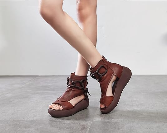 Women's High Top Leather Sandals Open Toe Boot Sandals for Women