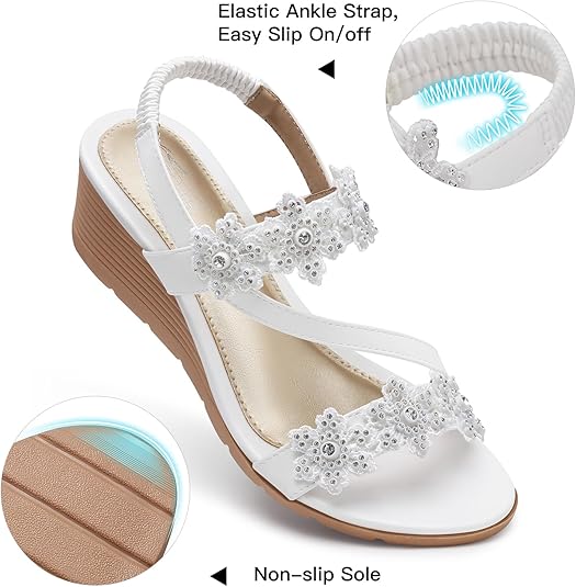 SHIBEVER Wedge Sandals for Women Dressy: Summer Open Toe Low Platform Wedges Sandals Elastic Ankle Strap Flower Comfortable Casual Shoes