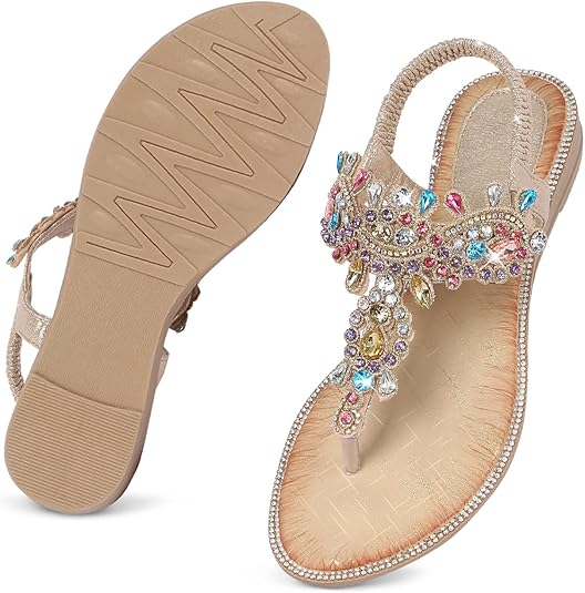 iCKER Women Rhinestone Sandals T-Strap Buckle Bohemian Pearl Crystal Flat Sandals