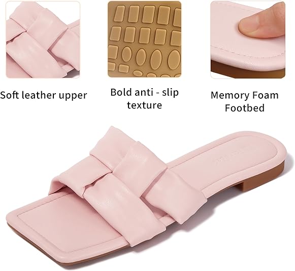 Women's Sandals Fashion Flat Sandals Comfortable Leather Square Open Toe Summer Slide Sandals Size 6-11