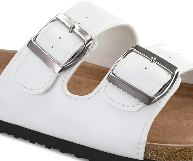 mysoft Womens Flat Sandals Cork Footbed Slides 2 Straps Adjustable Buckle Slip On Summer with +Comfort Shoes