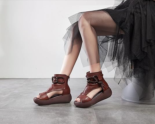 Women's High Top Leather Sandals Open Toe Boot Sandals for Women