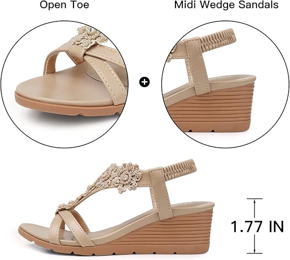 TEMOFON Women's Low Wedge Heels Summer Dressy Platform Sandals Elastic Ankle Strap Open Toe Flower Shoes