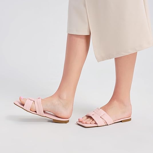 Women's Sandals Fashion Flat Sandals Comfortable Leather Square Open Toe Summer Slide Sandals Size 6-11