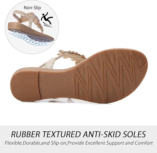 iCKER Women Rhinestone Sandals T-Strap Buckle Bohemian Pearl Crystal Flat Sandals