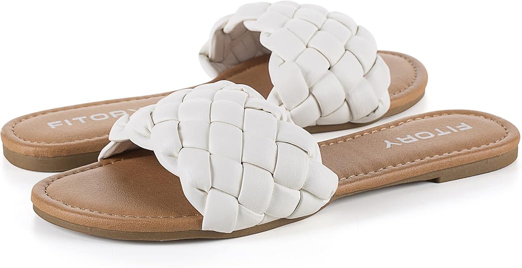 FITORY Womens Flat Sandals Fashion Round Open Toe Slip On Slides with Braided Strap Slippers for Summer Size 6-11