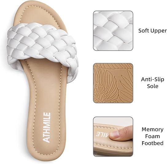 ATHMILE Braided Womens Sandals Round Open Toe Fashion Slide Sandals Women Dressy Summer Flat Beach Size 6-11