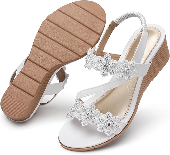 SHIBEVER Wedge Sandals for Women Dressy: Summer Open Toe Low Platform Wedges Sandals Elastic Ankle Strap Flower Comfortable Casual Shoes
