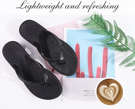 ONCAI Women's Flip Flops with Rhinestone, Arch Support Yoga Mat Comfort Walking Summer Beach Thong Sandals with Plantar Fasciitis Rubber Soles US Size 5-11