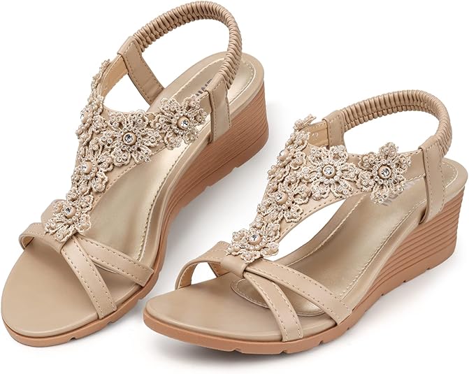 TEMOFON Women's Low Wedge Heels Summer Dressy Platform Sandals Elastic Ankle Strap Open Toe Flower Shoes