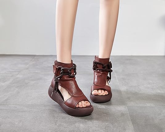 Women's High Top Leather Sandals Open Toe Boot Sandals for Women