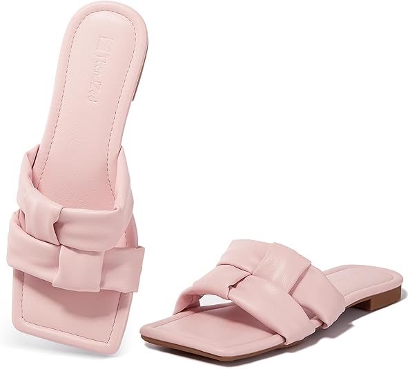 Women's Sandals Fashion Flat Sandals Comfortable Leather Square Open Toe Summer Slide Sandals Size 6-11