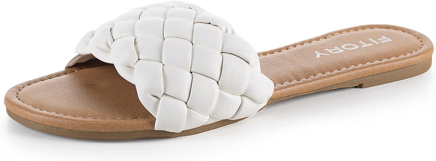 FITORY Womens Flat Sandals Fashion Round Open Toe Slip On Slides with Braided Strap Slippers for Summer Size 6-11