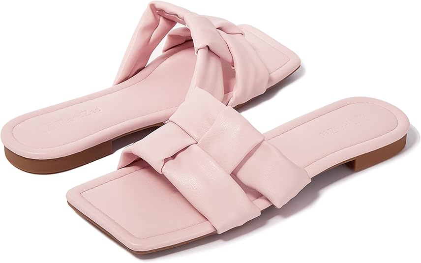 Women's Sandals Fashion Flat Sandals Comfortable Leather Square Open Toe Summer Slide Sandals Size 6-11