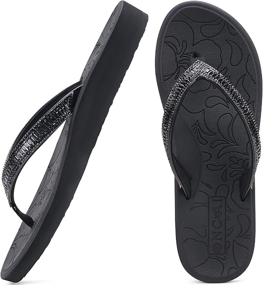 ONCAI Women's Flip Flops with Rhinestone, Arch Support Yoga Mat Comfort Walking Summer Beach Thong Sandals with Plantar Fasciitis Rubber Soles US Size 5-11