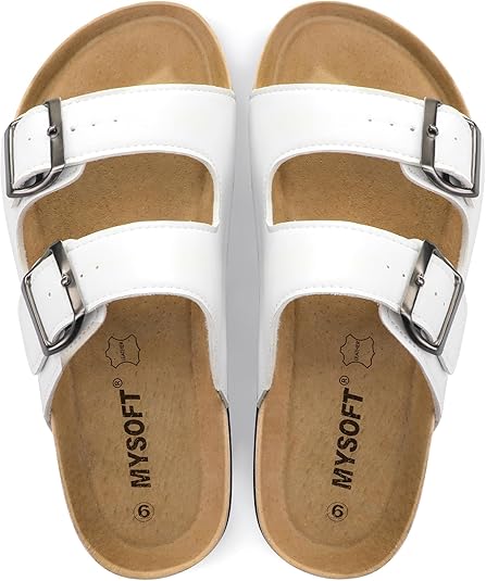 mysoft Womens Flat Sandals Cork Footbed Slides 2 Straps Adjustable Buckle Slip On Summer with +Comfort Shoes